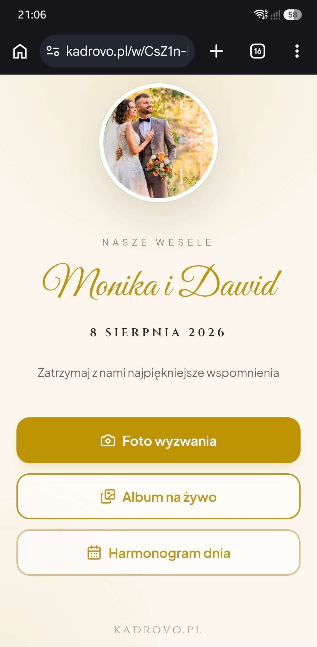 Strona główna wesela w telefonie